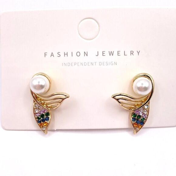 Gold Pearl Rhinestone Mermaid Tail Stud Earrings - Picture 1 of 5